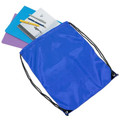 Royal blue polyester drawstring backpack with black cords holding notebooks and stationery