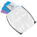 White polyester drawstring backpack with black cords, shown with stationery items spilling from open top