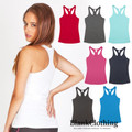 Women's racerback singlets in white, red, charcoal, aqua, hot pink, navy and blue with contrast binding detail