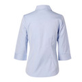 Back view of a pale blue chambray women's shirt with 3/4 sleeves and a centre back seam