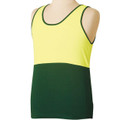 High-visibility yellow and bottle green sleeveless singlet with contrast binding at neckline and armholes