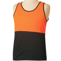 Hi-vis orange and charcoal colourblock singlet with contrasting black neckline and armhole trim