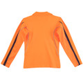 Orange hi-vis long sleeve polo shirt with navy contrast panels on sleeves and collar, back view