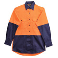 Hi-vis orange and navy work shirt with chest pockets and contrast colour blocking on sleeves and lower body