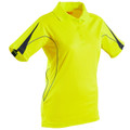 High visibility safety yellow polo shirt with black contrast panels and piping on sides and sleeves
