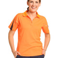 Women's hi-vis orange polo shirt with reflective tape on sleeves and navy contrast trim