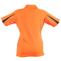 Hi-vis orange polo shirt with navy contrast panels on shoulders and sleeves, back view showing collar and breathable fabric