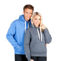 Man and woman wearing pullover hoodies in marle blue and charcoal grey with kangaroo pockets and cream drawcords