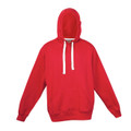 Fire red pullover hoodie with contrasting white drawcord, kangaroo pocket and ribbed cuffs, flat lay packshot