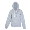 Heather grey fleece hoodie with white contrast drawcords and kangaroo pocket