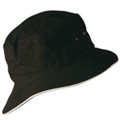 Black bucket hat with white contrast trim on brim edge and metal eyelets