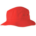 Red bucket hat with contrasting white trim and metal eyelets on crown