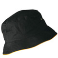 Black bucket hat with gold contrast trim on brim edge and eyelet detail