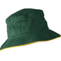 Bottle green soft bucket hat with gold contrast brim trim, structured crown and side eyelet, packshot