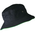 Black bucket hat with kelly green contrast trim on brim edge and metal eyelet
