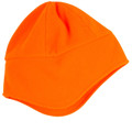 Bright orange polar fleece beanie with ear covers and curved brim