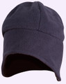 Navy polar fleece beanie with ear covers and curved seam detail