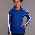 Child wearing royal blue long sleeve polo with white contrast panels along sleeves and sides