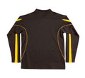 Black long sleeve polo with yellow and white contrast striping on sleeves and shoulders