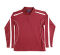 Kids long sleeve polo in burgundy with white contrast panels on shoulders and sides, three-button placket, flat lay