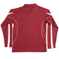 Back view of crimson red kids long sleeve polo with white contrast side panels and piping detail