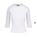 White women's baseball tee with three-quarter raglan sleeves and crew neckline
