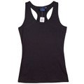 Black racerback singlet with stretch fabric and elongated length showing smooth front panel and athletic styling
