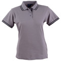 Grey ladies polo shirt with black contrast trim on collar and sleeves
