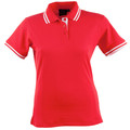 Coral red polo shirt with white contrast trim on collar and sleeves, featuring button placket