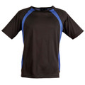 Charcoal grey performance tee with royal blue contrast raglan panels and mesh side inserts