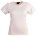 Pale pink ladies performance tee with contrast white mesh raglan sleeves and v-neck