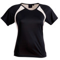 Ladies black cooldry t-shirt with white mesh side panels and contrast raglan sleeves