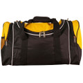 Golden yellow and black sports bag with white contrast piping and multiple zippered compartments