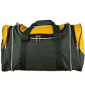 Bottle green and gold sports bag with multiple zippered compartments and contrast panel design