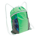 Lime green drawstring backpack with grey mesh side pockets and silver zip, shown with swim goggles
