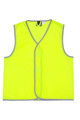 Fluoro yellow sleeveless safety vest with grey reflective trim edging and V-neckline, flat lay