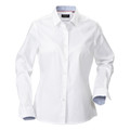 White ladies fitted long sleeve shirt with chambray contrast trim inside collar and cuffs