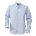 Light blue long sleeve men's shirt with button-down collar, button placket, and contrast pink inner collar detail