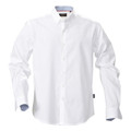 White long-sleeved button-down shirt with contrast chambray trim at collar and cuffs in modern fit