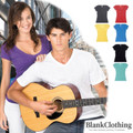 White v-neck raw-weave tee with visible texture, shown with colour options including purple, red, yellow, royal blue, black and mint