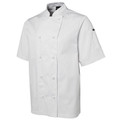 White short sleeve chef jacket with mandarin collar and double-breasted cloth button closure