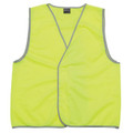 Fluorescent yellow safety vest with grey contrast trim and V-neck opening on white background