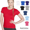 Woman wearing fitted red crew neck tee with colour grid showing white, royal blue, navy, black, grey, dark navy, sky blue and hot pink options