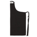 Black full bib apron with adjustable neck strap and long waist ties, pocketless design with flat front panel