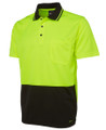 Lime and black two-tone hi-vis polo shirt, short sleeves, three-button placket, chest pocket, contrast dark collar