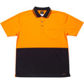 Hi-vis orange and navy two-tone safety polo with contrast collar and chest pocket