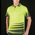 Man wearing lime green and charcoal hi-vis polo with diagonal stripe graphic print, chest pocket, and contrast collar