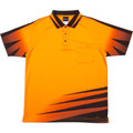 Fluoro orange polo with charcoal collar and geometric black gradient stripe pattern on sleeves and hem
