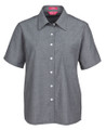 Charcoal chambray short sleeve shirt with white buttons and chest pocket