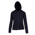 Navy fitted women's zip-up hoodie with drawstring hood and front pockets